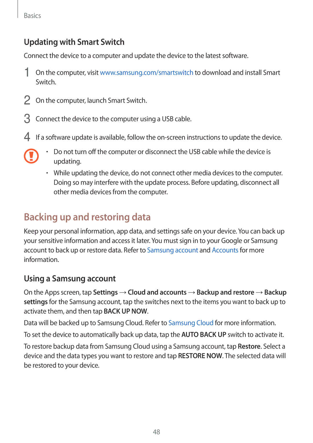 Samsung SM-J330FZDDROM, SM-J330FZSNDDE Backing up and restoring data, Updating with Smart Switch, Using a Samsung account 