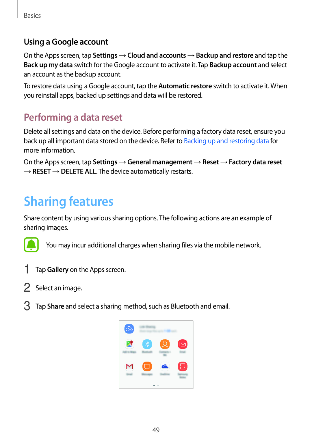 Samsung SM-J330FZKNBGL, SM-J330FZSNDDE, SM-J330FZDNBOG Sharing features, Performing a data reset, Using a Google account 