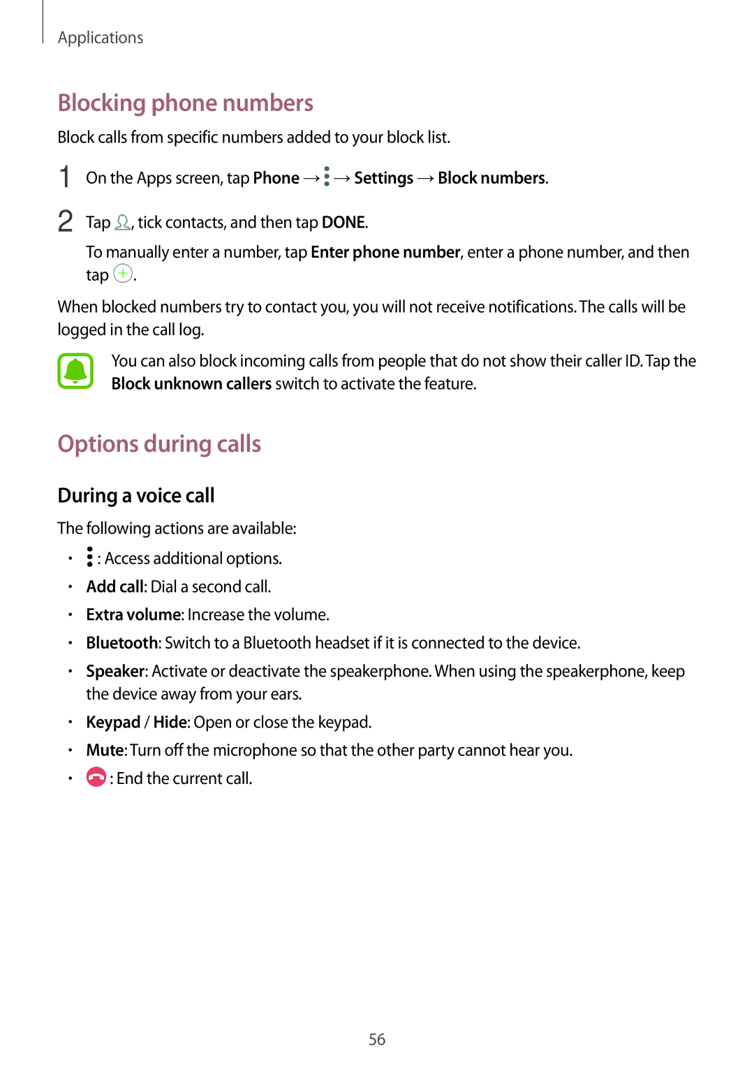 Samsung SM-J330FZKNDHR, SM-J330FZSNDDE, SM-J330FZDNBOG Blocking phone numbers, Options during calls, During a voice call 