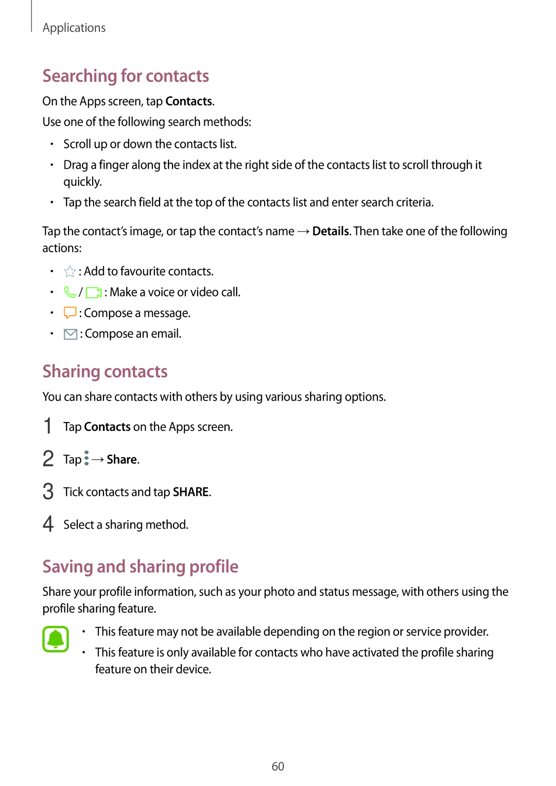 Samsung SM-J330FZDDETL, SM-J330FZSNDDE, SM-J330FZDNBOG, SM-J330FZKNTCL manual Searching for contacts, Sharing contacts 