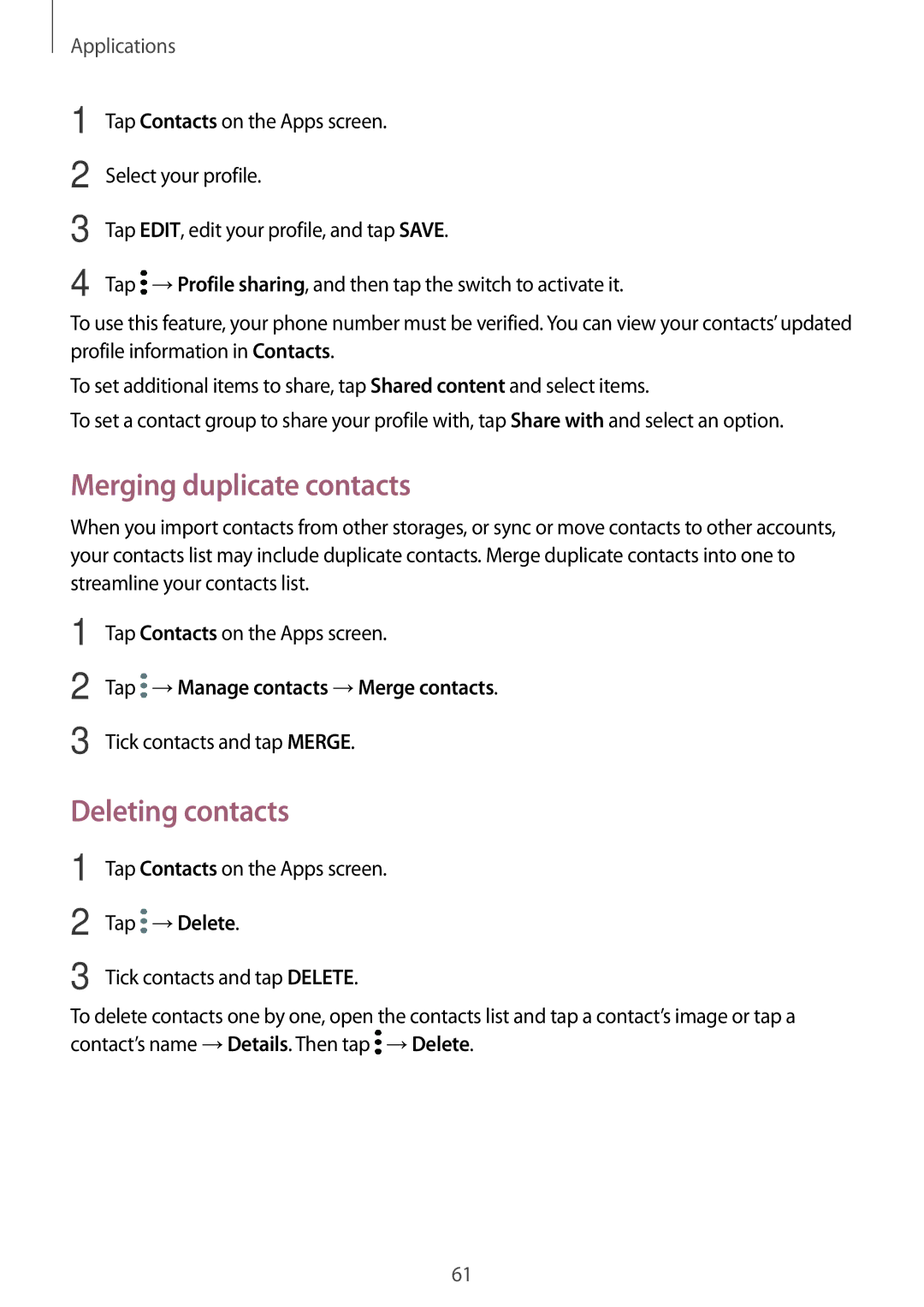 Samsung SM-J330FZSNVDC, SM-J330FZSNDDE, SM-J330FZDNBOG, SM-J330FZKNTCL manual Merging duplicate contacts, Deleting contacts 