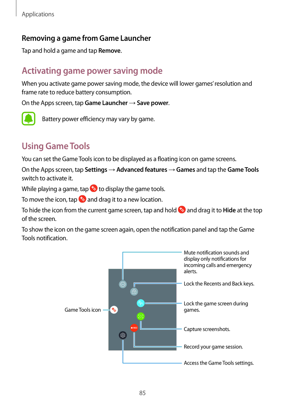 Samsung SM-J330FZDDSER manual Activating game power saving mode, Using Game Tools, Removing a game from Game Launcher 