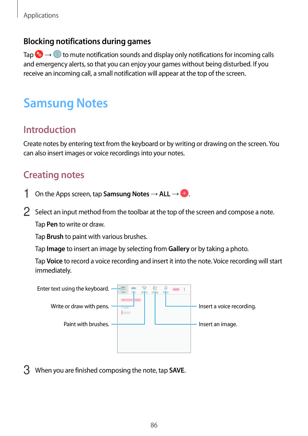 Samsung SM-J330FZSNDDE, SM-J330FZDNBOG, SM-J330FZKNTCL Samsung Notes, Creating notes, Blocking notifications during games 