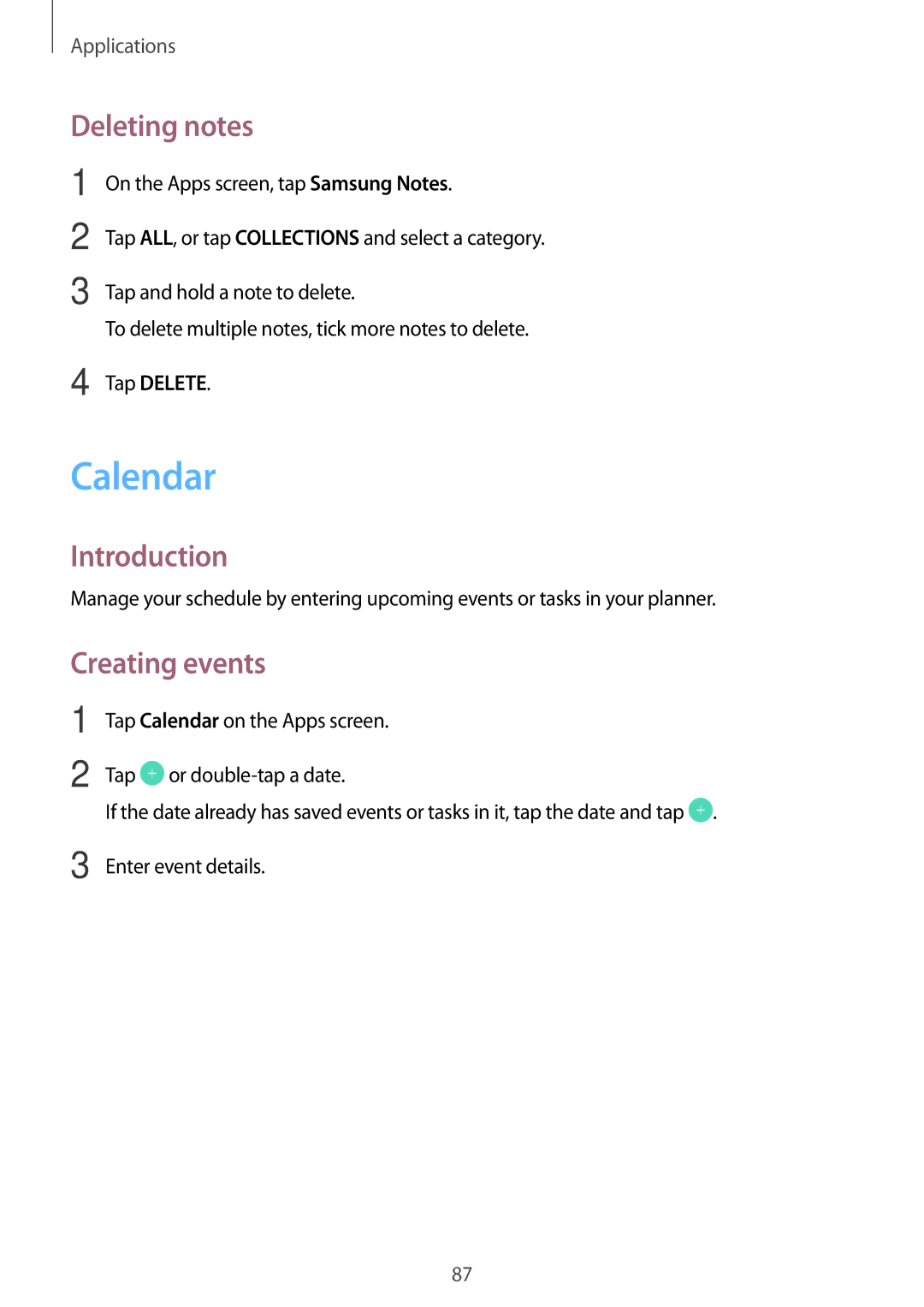 Samsung SM-J330FZDNBOG, SM-J330FZSNDDE, SM-J330FZKNTCL, SM-J330FZSNCOS manual Calendar, Deleting notes, Creating events 