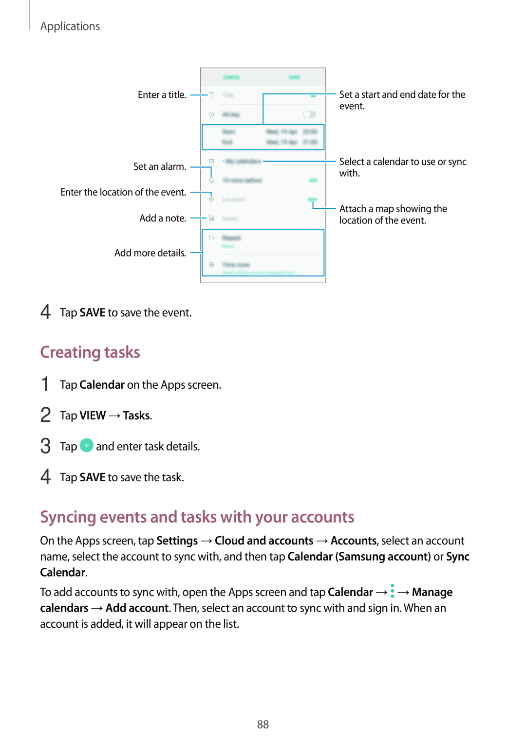 Samsung SM-J330FZKNTCL, SM-J330FZSNDDE, SM-J330FZDNBOG manual Creating tasks, Syncing events and tasks with your accounts 
