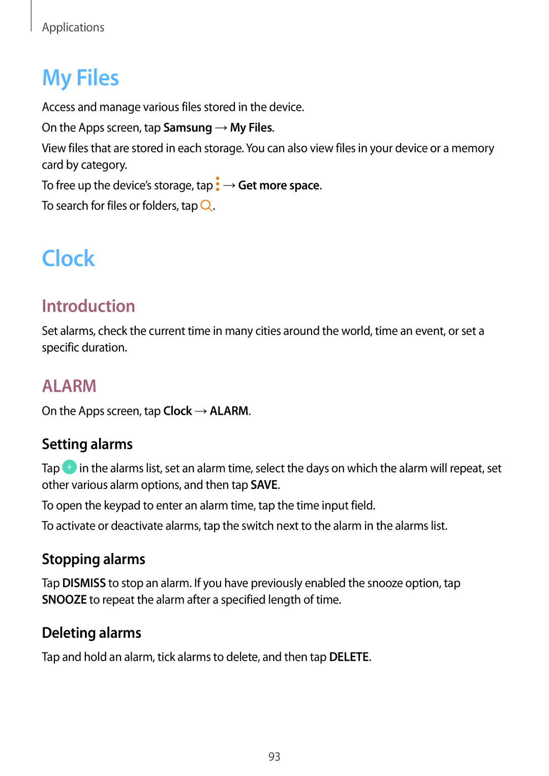 Samsung SM-J330FZKNDDE, SM-J330FZSNDDE, SM-J330FZDNBOG My Files, Clock, Setting alarms, Stopping alarms, Deleting alarms 