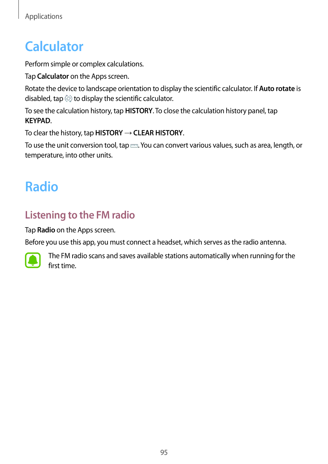 Samsung SM-J330FZDNCOS, SM-J330FZSNDDE, SM-J330FZDNBOG, SM-J330FZKNTCL manual Calculator, Radio, Listening to the FM radio 