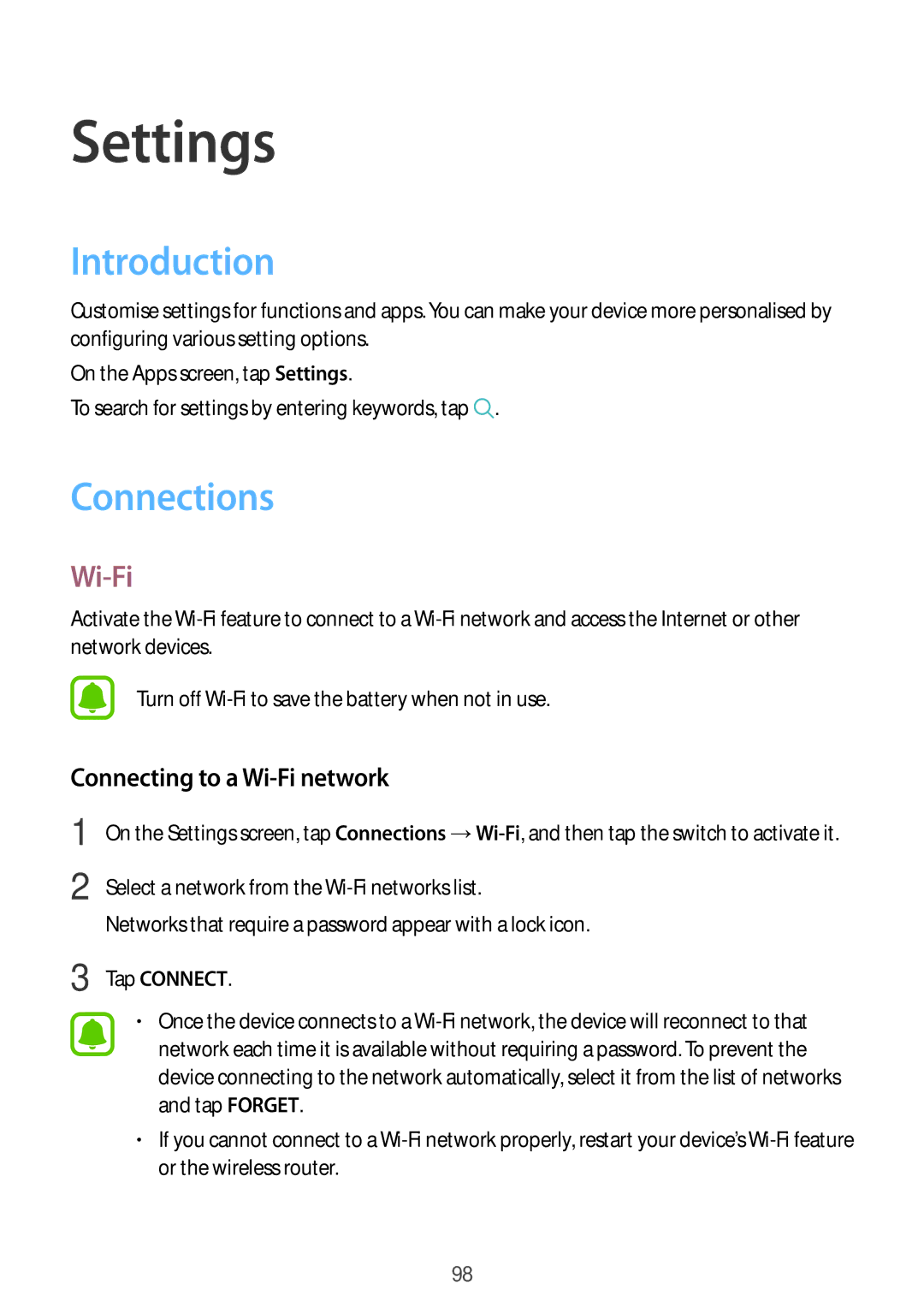 Samsung SM-J330FZKDDBT, SM-J330FZSNDDE, SM-J330FZDNBOG manual Introduction, Connections, Connecting to a Wi-Fi network 