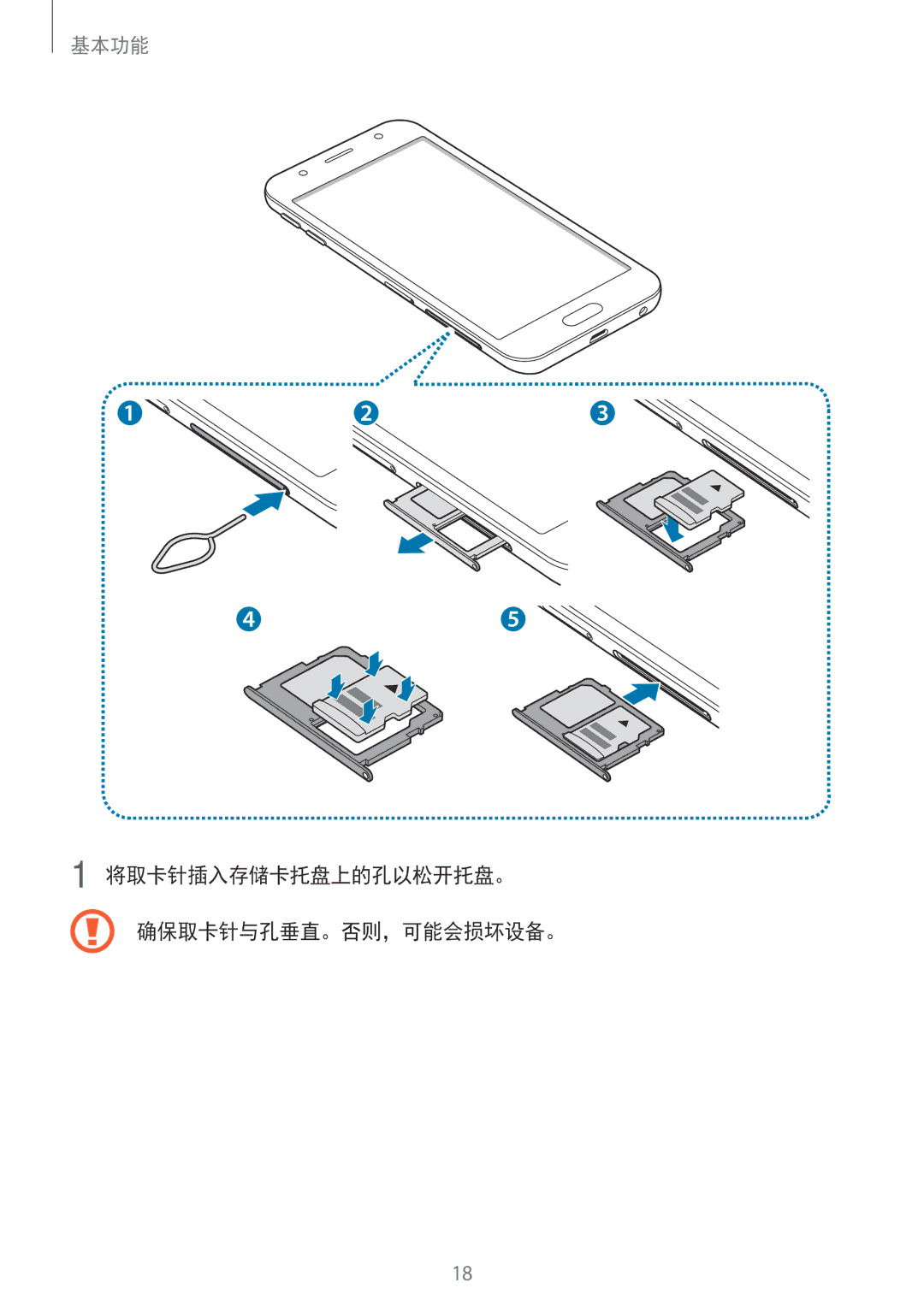 Samsung SM-J330GZSDXXV, SM-J330GZDDXXV, SM-J330GZKDXXV manual 将取卡针插入存储卡托盘上的孔以松开托盘。 确保取卡针与孔垂直。否则，可能会损坏设备。 