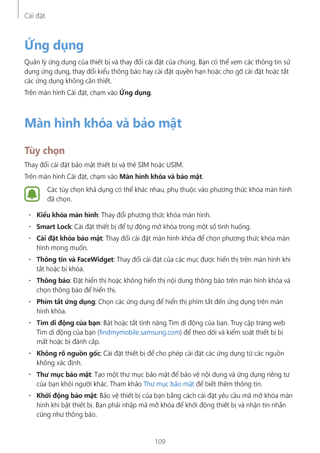 Samsung SM-J330GZDDXXV, SM-J330GZSDXXV, SM-J330GZKDXXV manual Ứng dụng, Màn hình khóa và bảo mật 
