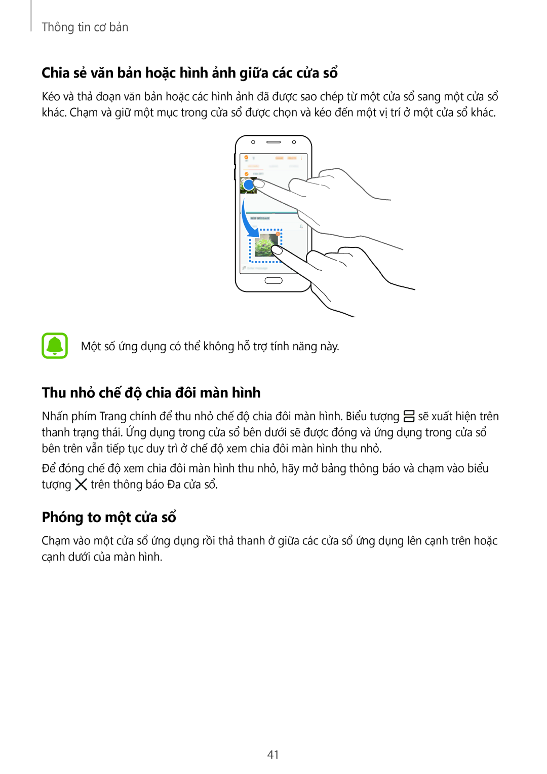 Samsung SM-J330GZKDXXV, SM-J330GZSDXXV Chia sẻ văn bản hoặc hình ảnh giữa các cửa sổ, Thu nhỏ chế độ chia đôi màn hình 