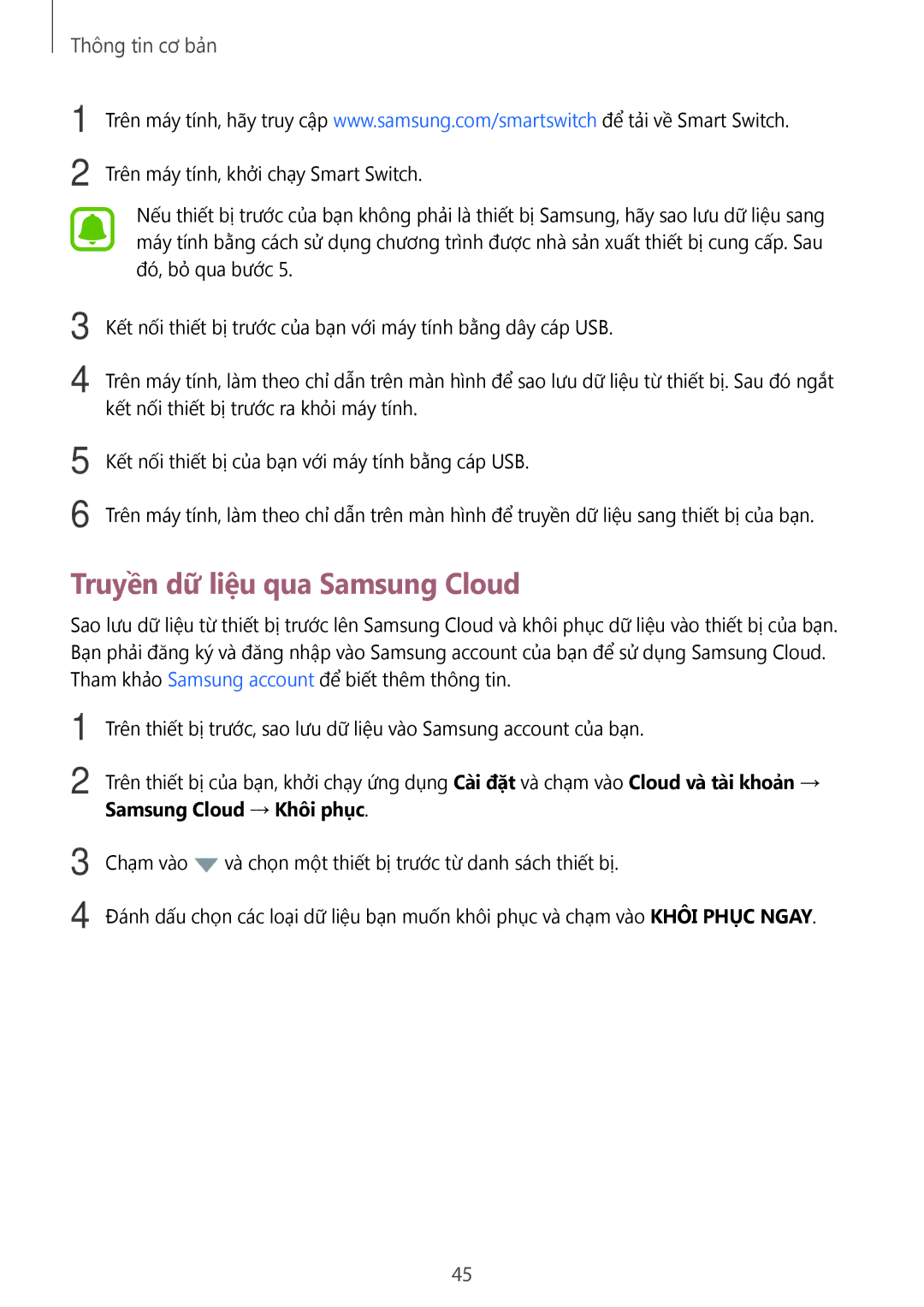 Samsung SM-J330GZSDXXV, SM-J330GZDDXXV, SM-J330GZKDXXV manual Truyền dữ liệu qua Samsung Cloud 
