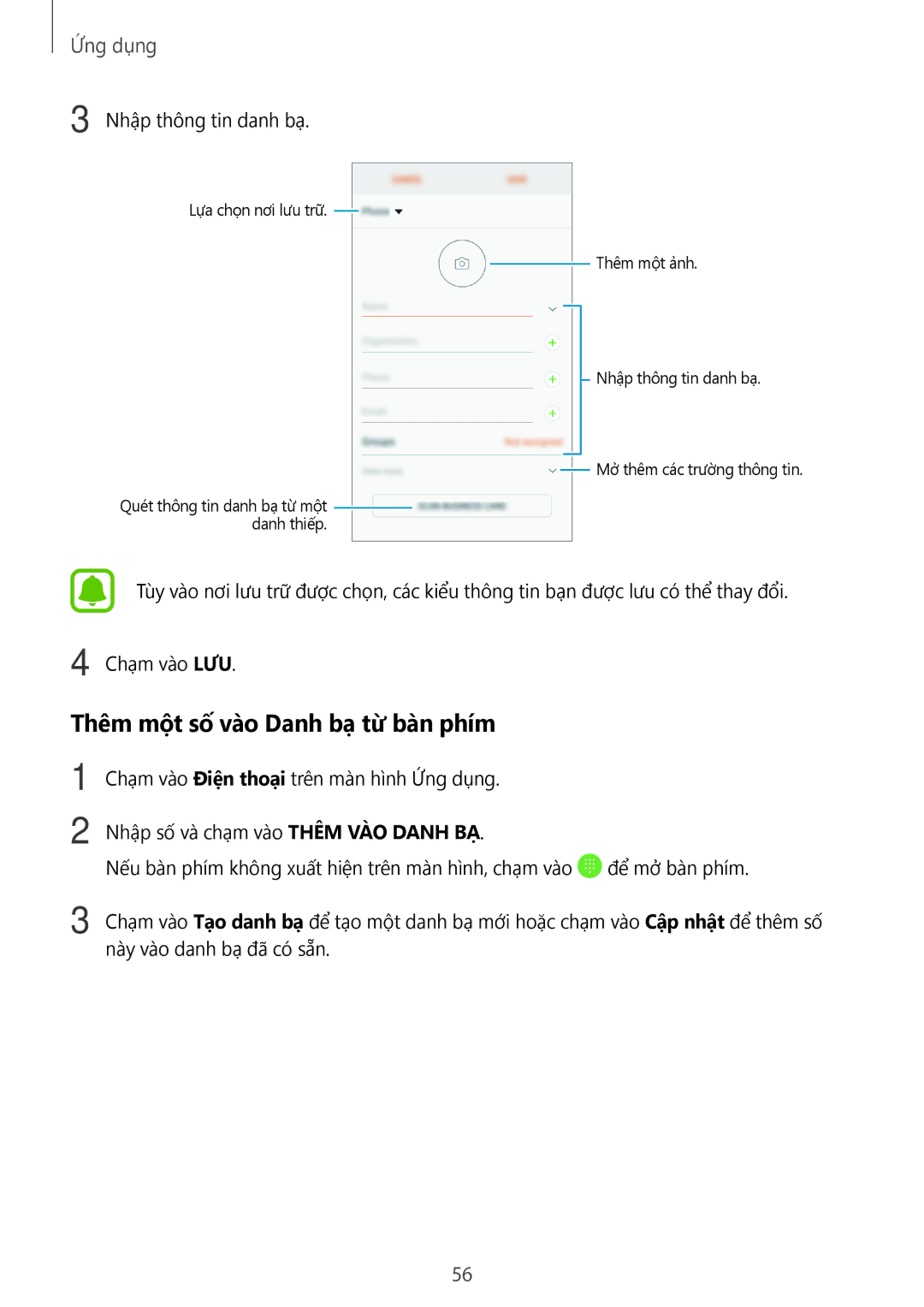 Samsung SM-J330GZKDXXV, SM-J330GZSDXXV, SM-J330GZDDXXV manual Thêm một số vào Danh bạ từ bàn phím, Nhập thông tin danh bạ 