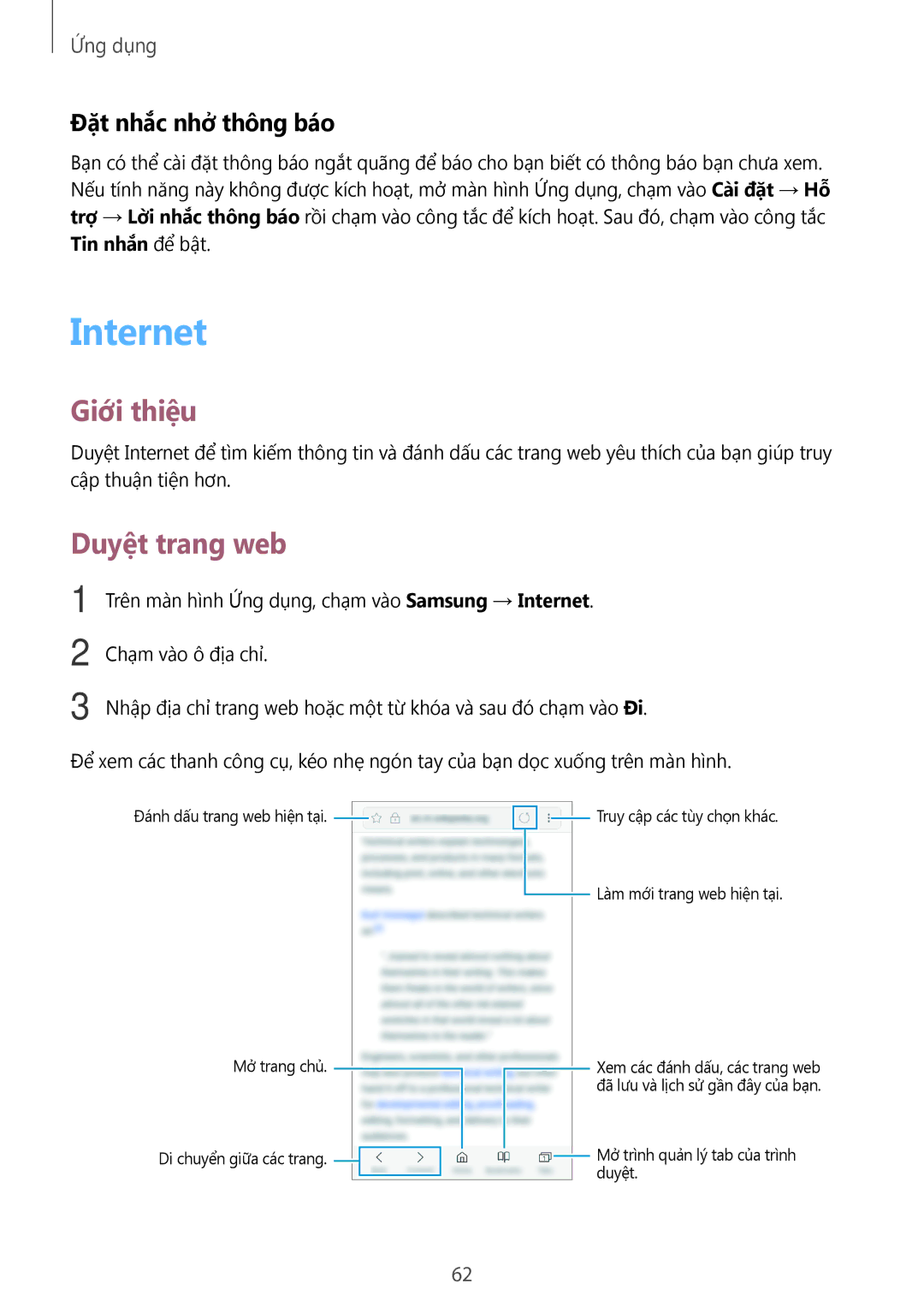 Samsung SM-J330GZKDXXV, SM-J330GZSDXXV, SM-J330GZDDXXV manual Internet, Duyệt trang web, Đặt nhắc nhở thông báo 