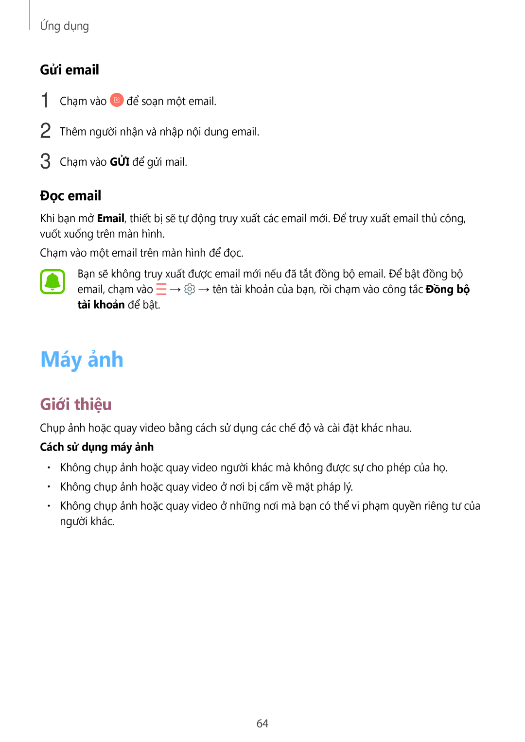 Samsung SM-J330GZDDXXV, SM-J330GZSDXXV, SM-J330GZKDXXV manual Máy ảnh, Gửi email, Đọc email, Cách sử dụng máy ảnh 