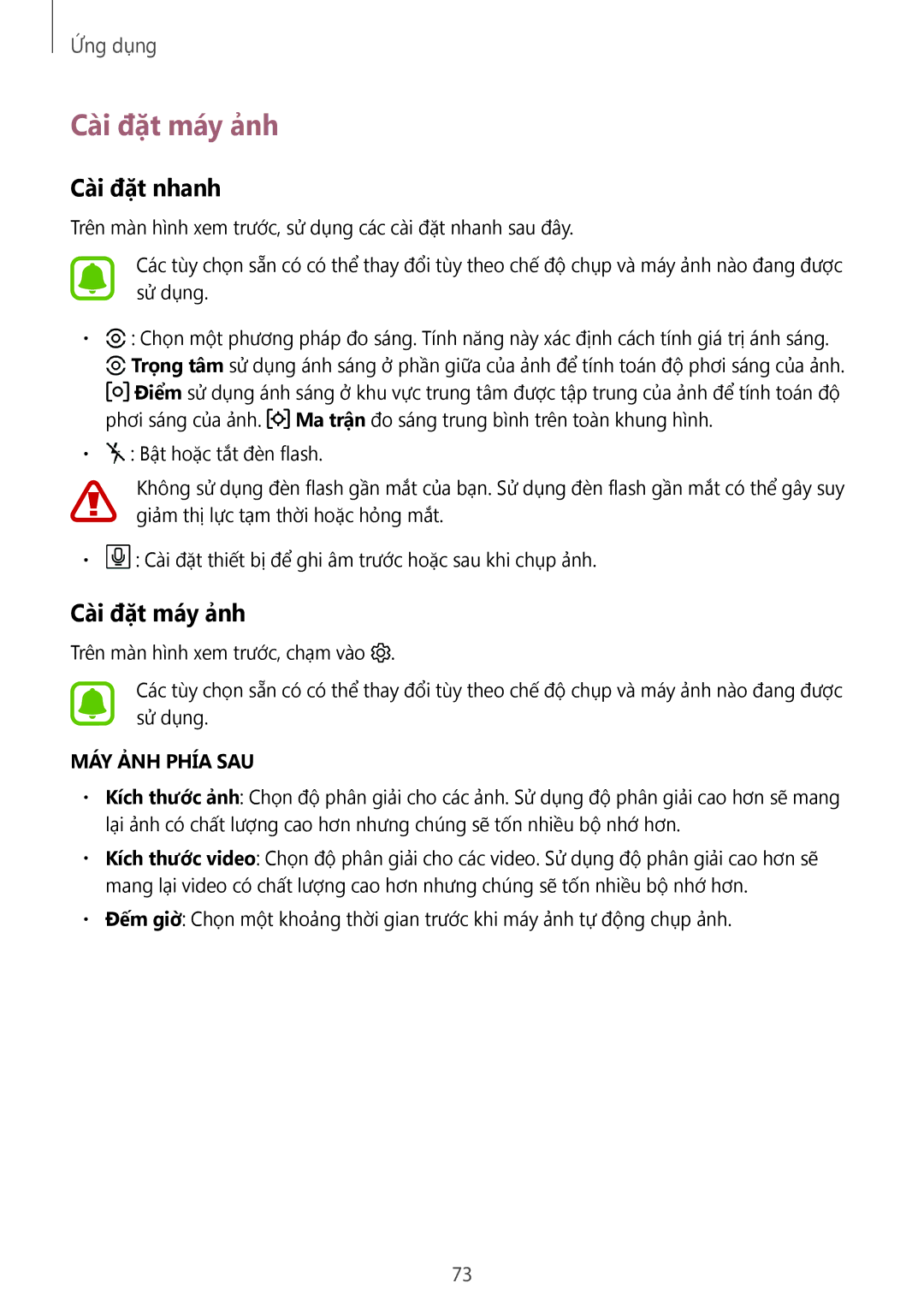 Samsung SM-J330GZDDXXV, SM-J330GZSDXXV, SM-J330GZKDXXV manual Cài đặt máy ảnh, Cài đặt nhanh 