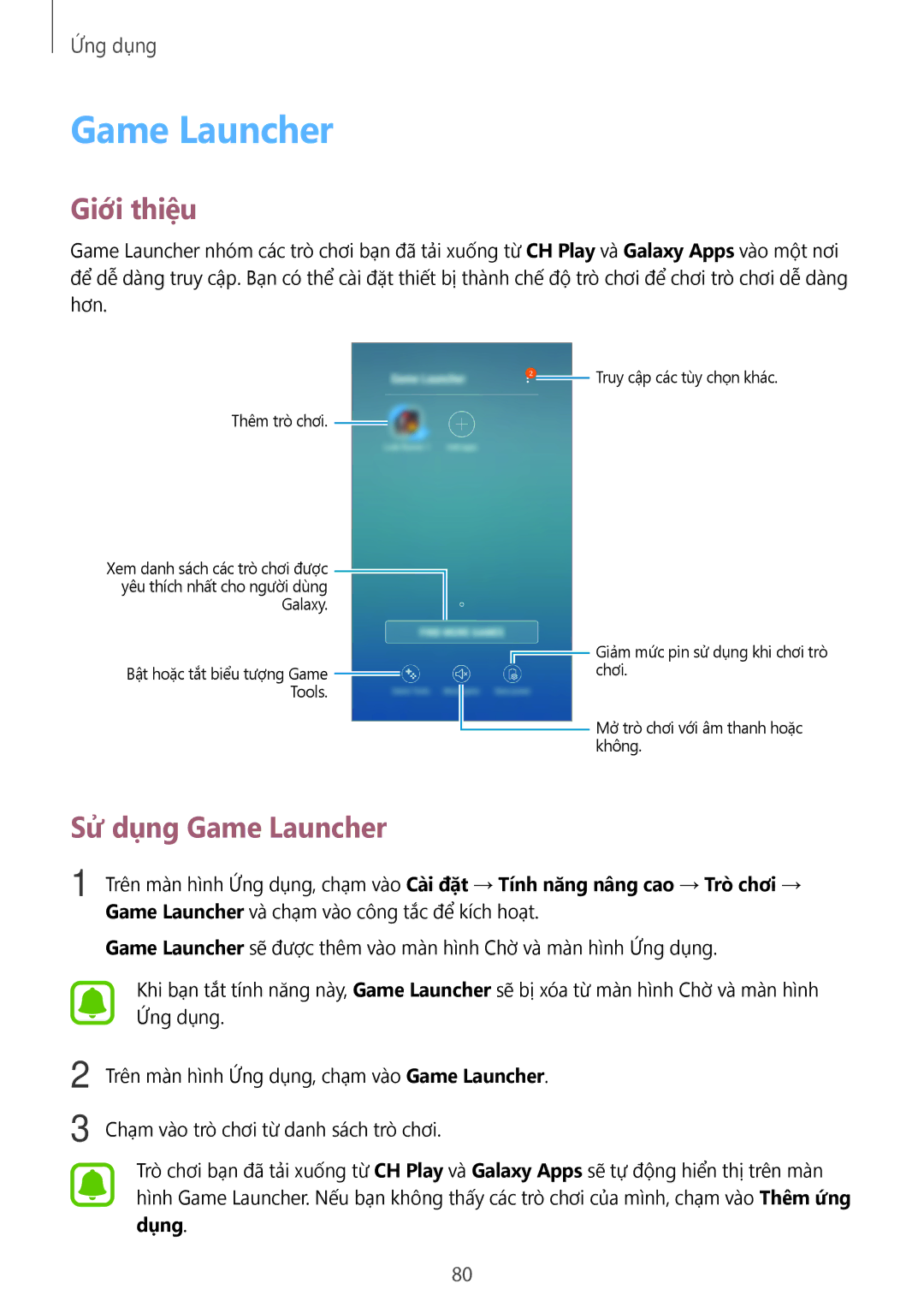 Samsung SM-J330GZKDXXV, SM-J330GZSDXXV, SM-J330GZDDXXV manual Sử dụng Game Launcher, Dụng 