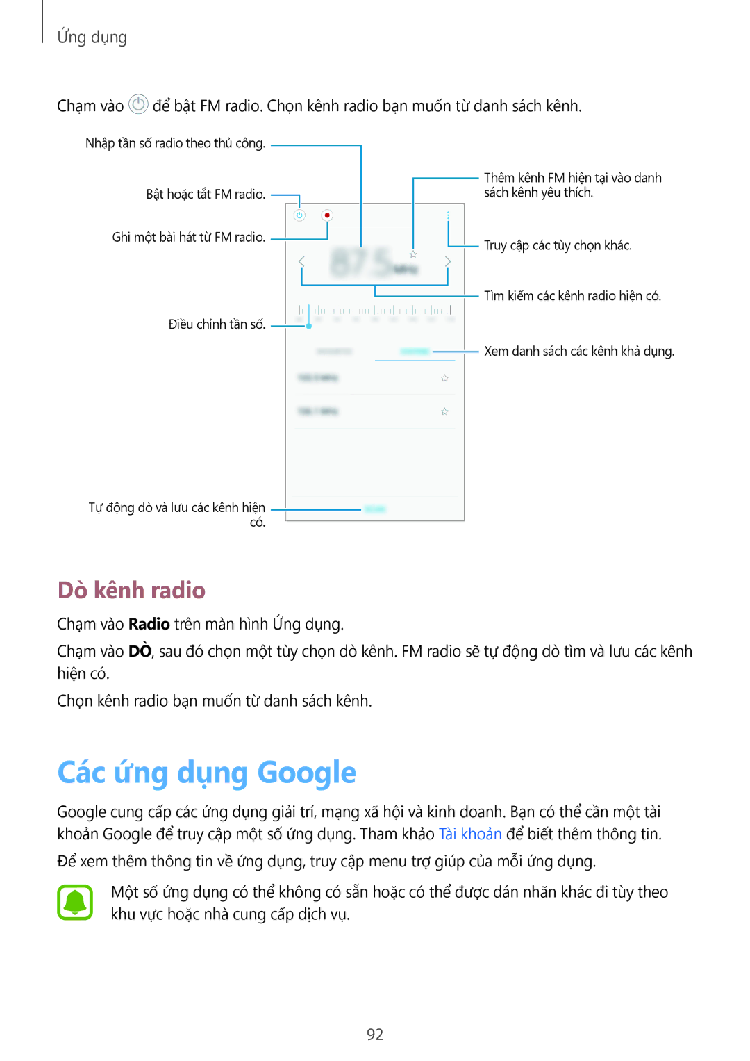 Samsung SM-J330GZKDXXV, SM-J330GZSDXXV, SM-J330GZDDXXV manual Các ứng dụng Google, Dò kênh radio 