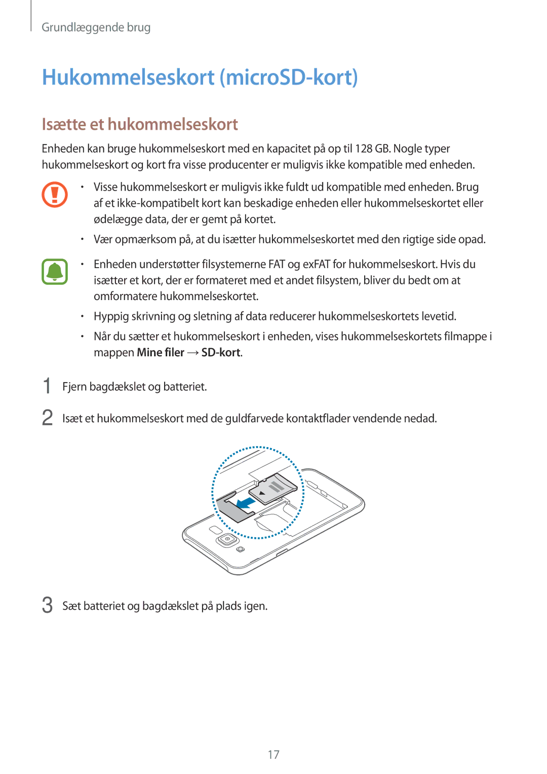 Samsung SM-J500FZWANEE, SM-J500FZDANEE, SM-J500FZKANEE manual Hukommelseskort microSD-kort, Isætte et hukommelseskort 