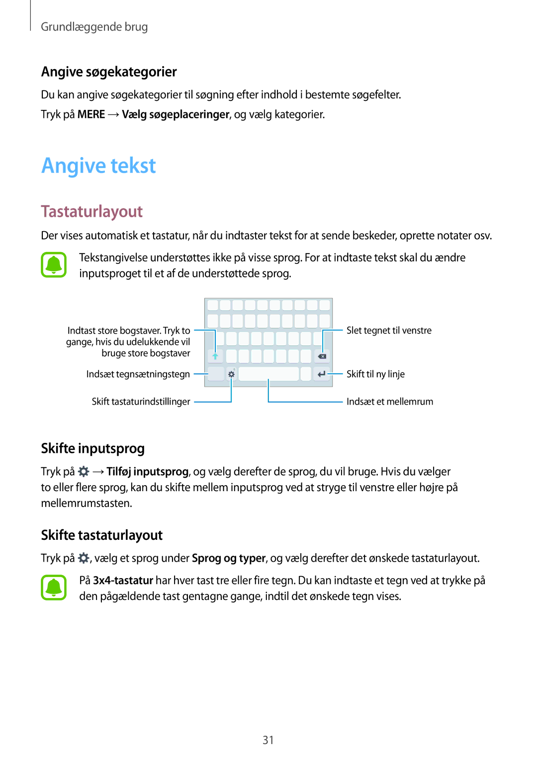 Samsung SM-J500FZKANEE manual Angive tekst, Tastaturlayout, Angive søgekategorier, Skifte inputsprog, Skifte tastaturlayout 