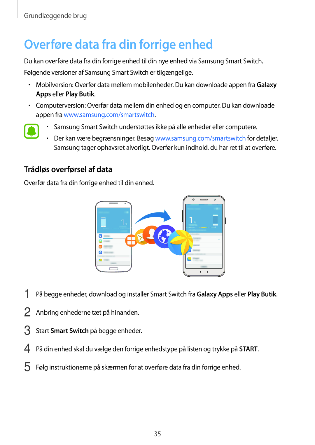 Samsung SM-J500FZWANEE, SM-J500FZDANEE, SM-J500FZKANEE manual Overføre data fra din forrige enhed, Trådløs overførsel af data 