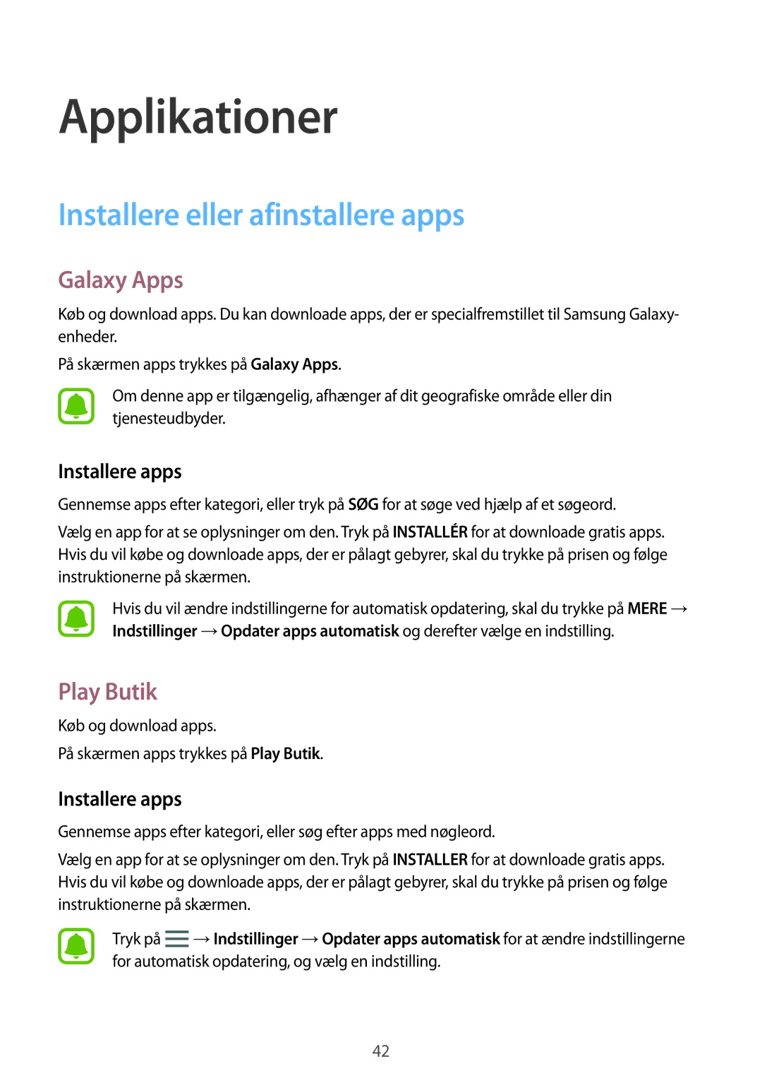 Samsung SM-J500FZDANEE, SM-J500FZKANEE manual Installere eller afinstallere apps, Galaxy Apps, Play Butik, Installere apps 