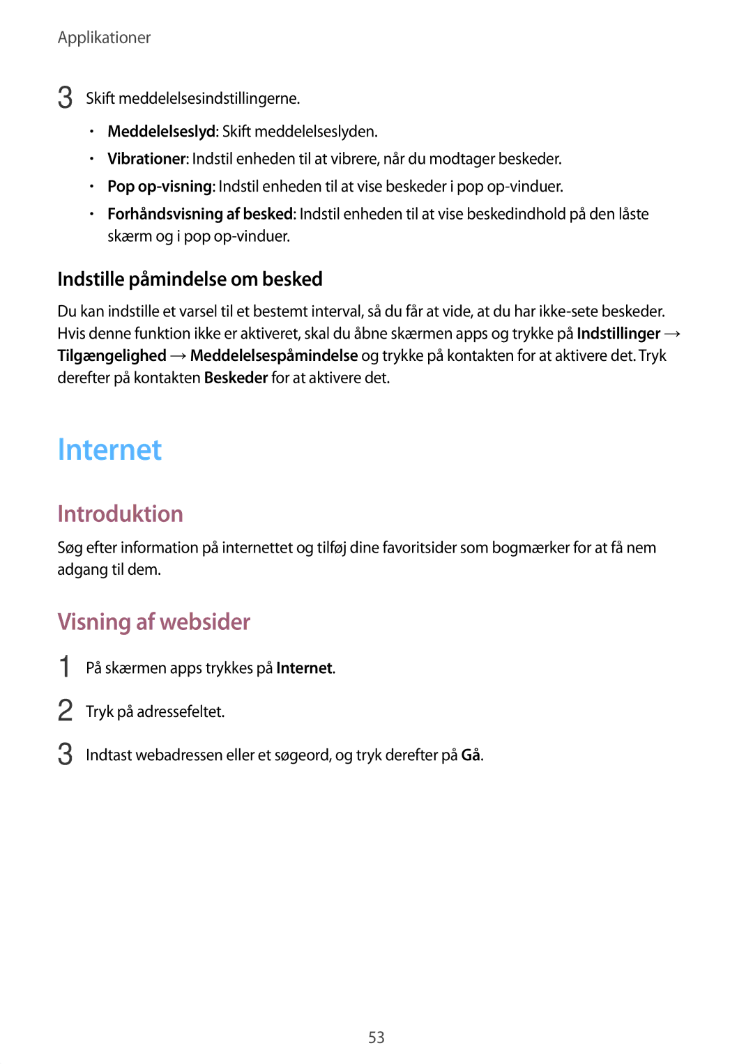 Samsung SM-J500FZWANEE, SM-J500FZDANEE, SM-J500FZKANEE manual Internet, Visning af websider, Indstille påmindelse om besked 