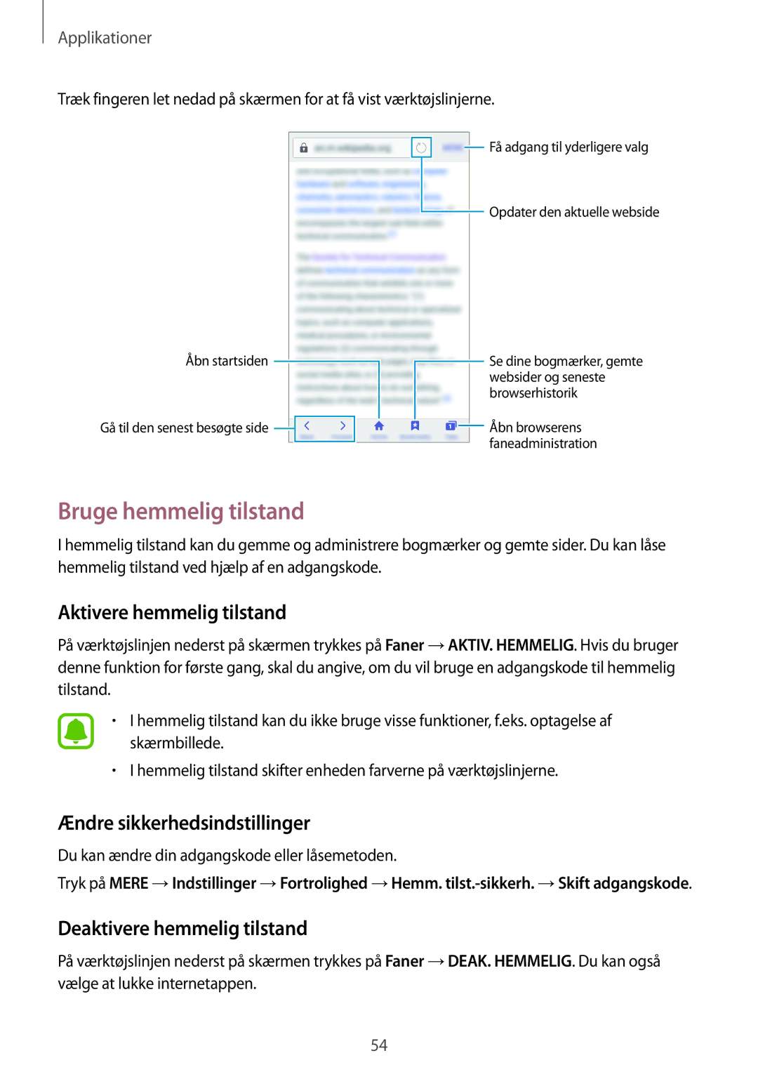 Samsung SM-J500FZDANEE, SM-J500FZKANEE Bruge hemmelig tilstand, Aktivere hemmelig tilstand, Ændre sikkerhedsindstillinger 