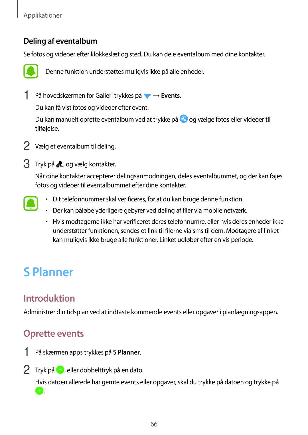 Samsung SM-J500FZDANEE, SM-J500FZKANEE, SM-J500FZWANEE manual Planner, Oprette events, Deling af eventalbum 