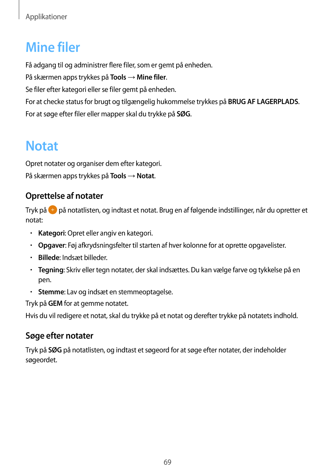Samsung SM-J500FZDANEE, SM-J500FZKANEE, SM-J500FZWANEE manual Mine filer, Notat, Oprettelse af notater, Søge efter notater 