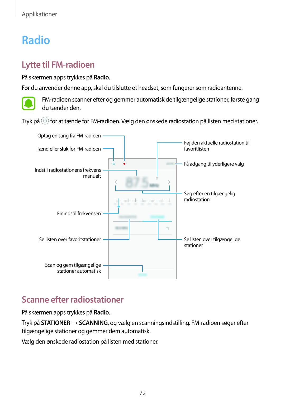 Samsung SM-J500FZDANEE, SM-J500FZKANEE, SM-J500FZWANEE manual Radio, Lytte til FM-radioen, Scanne efter radiostationer 