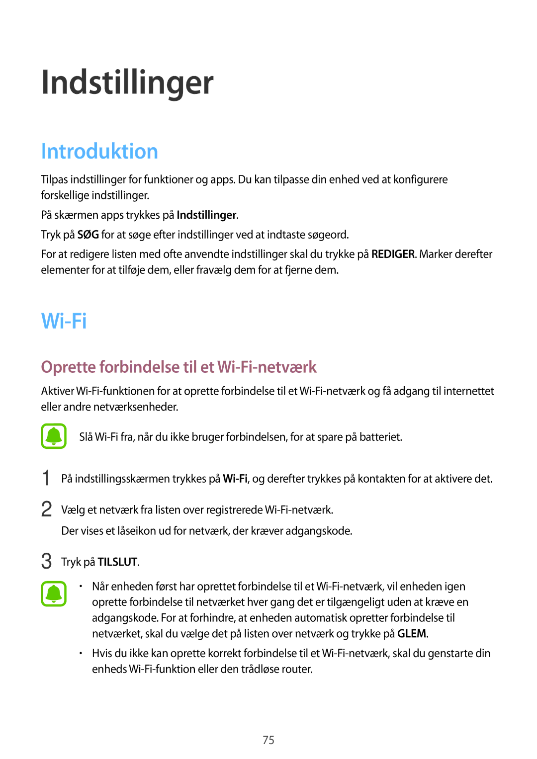 Samsung SM-J500FZDANEE, SM-J500FZKANEE, SM-J500FZWANEE manual Introduktion, Oprette forbindelse til et Wi-Fi-netværk 