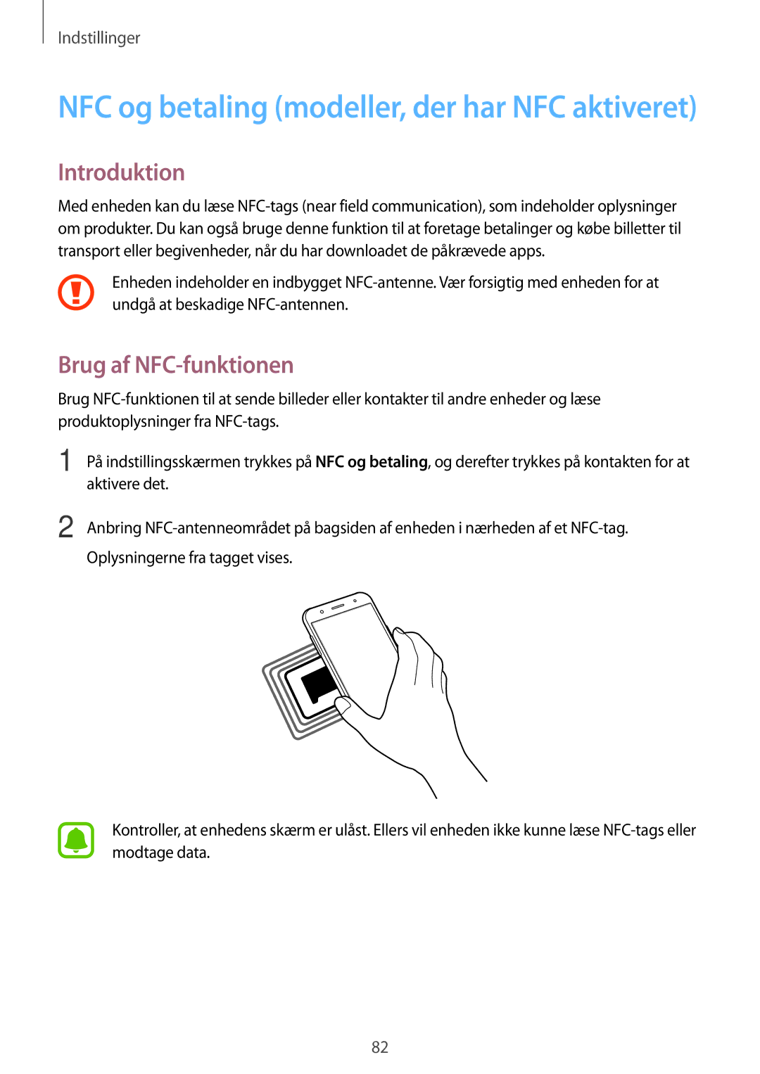 Samsung SM-J500FZKANEE, SM-J500FZDANEE manual NFC og betaling modeller, der har NFC aktiveret, Brug af NFC-funktionen 