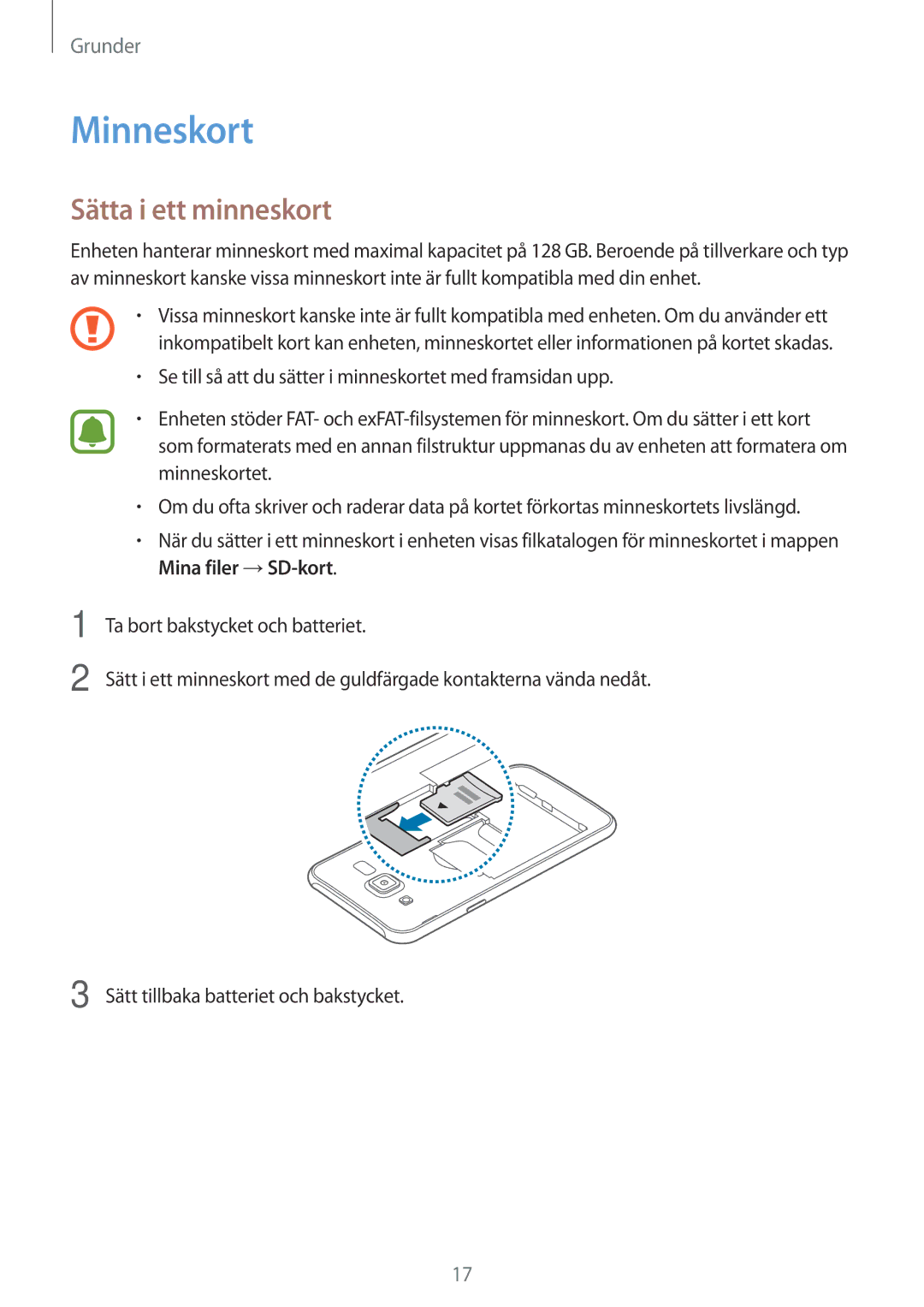 Samsung SM-J500FZWANEE, SM-J500FZDANEE, SM-J500FZKANEE manual Minneskort, Sätta i ett minneskort 