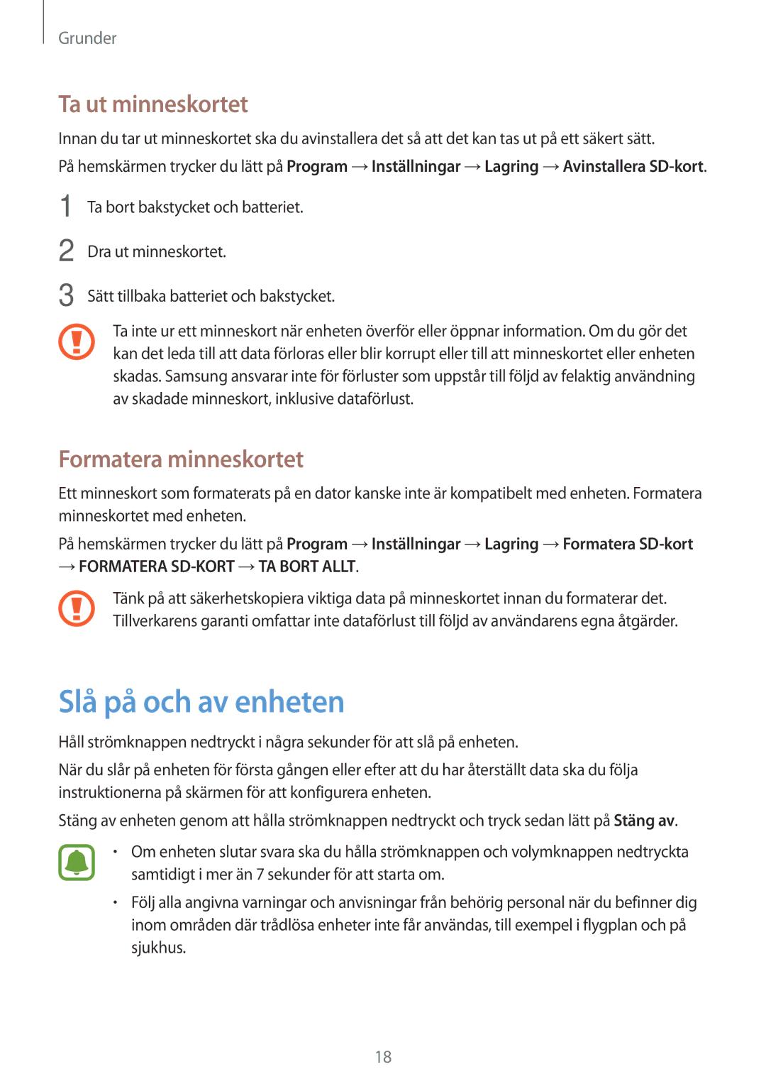 Samsung SM-J500FZDANEE, SM-J500FZKANEE, SM-J500FZWANEE Slå på och av enheten, Ta ut minneskortet, Formatera minneskortet 