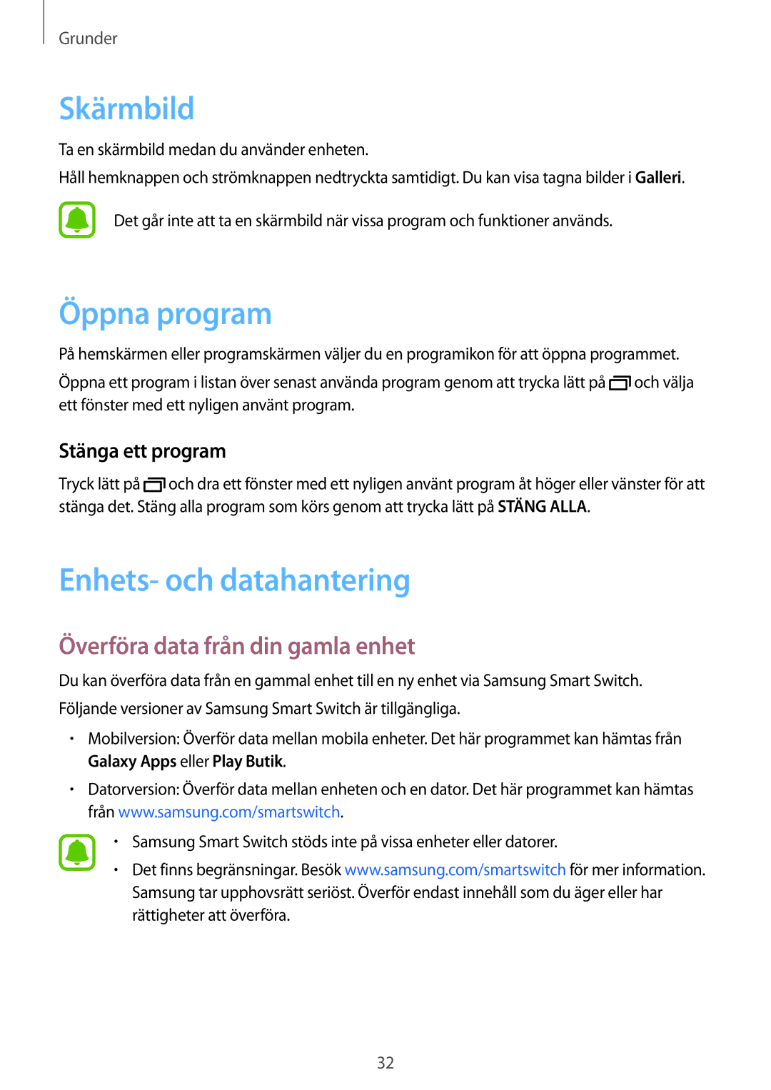 Samsung SM-J500FZWANEE manual Skärmbild, Öppna program, Enhets- och datahantering, Överföra data från din gamla enhet 