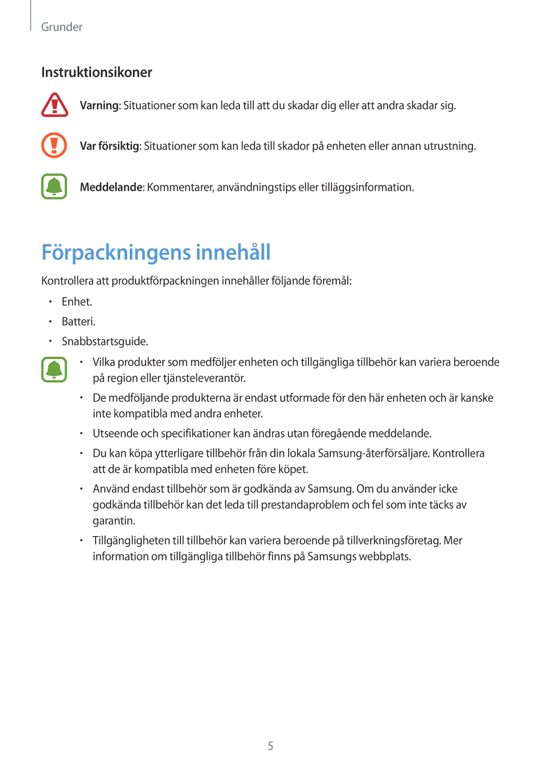 Samsung SM-J500FZWANEE, SM-J500FZDANEE, SM-J500FZKANEE manual Förpackningens innehåll, Instruktionsikoner 