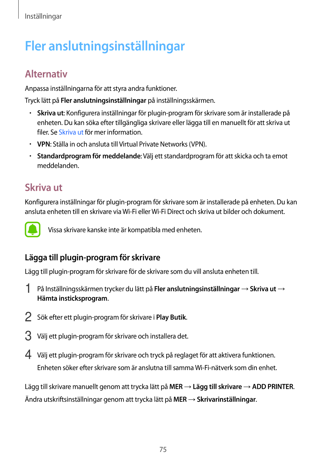 Samsung SM-J500FZDANEE manual Fler anslutningsinställningar, Alternativ, Skriva ut, Lägga till plugin-program för skrivare 