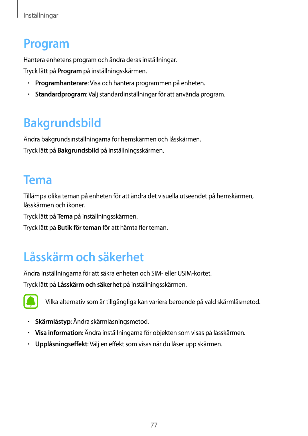 Samsung SM-J500FZWANEE, SM-J500FZDANEE, SM-J500FZKANEE manual Program, Bakgrundsbild, Tema, Låsskärm och säkerhet 