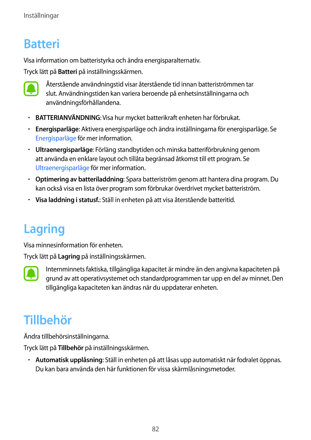 Samsung SM-J500FZKANEE, SM-J500FZDANEE, SM-J500FZWANEE manual Lagring, Tillbehör 