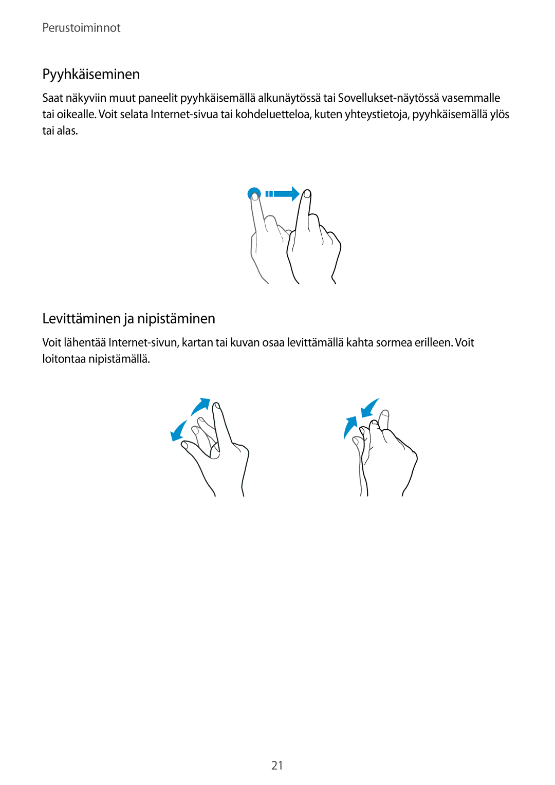 Samsung SM-J500FZDANEE, SM-J500FZKANEE, SM-J500FZWANEE manual Pyyhkäiseminen, Levittäminen ja nipistäminen 