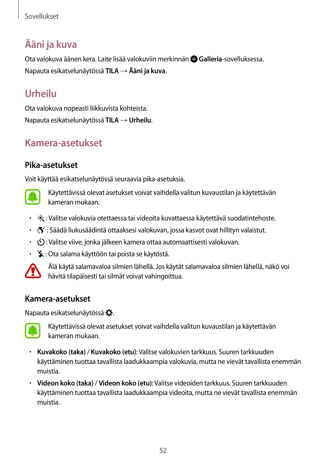 Samsung SM-J500FZKANEE, SM-J500FZDANEE, SM-J500FZWANEE manual Ääni ja kuva, Urheilu, Kamera-asetukset, Pika-asetukset 