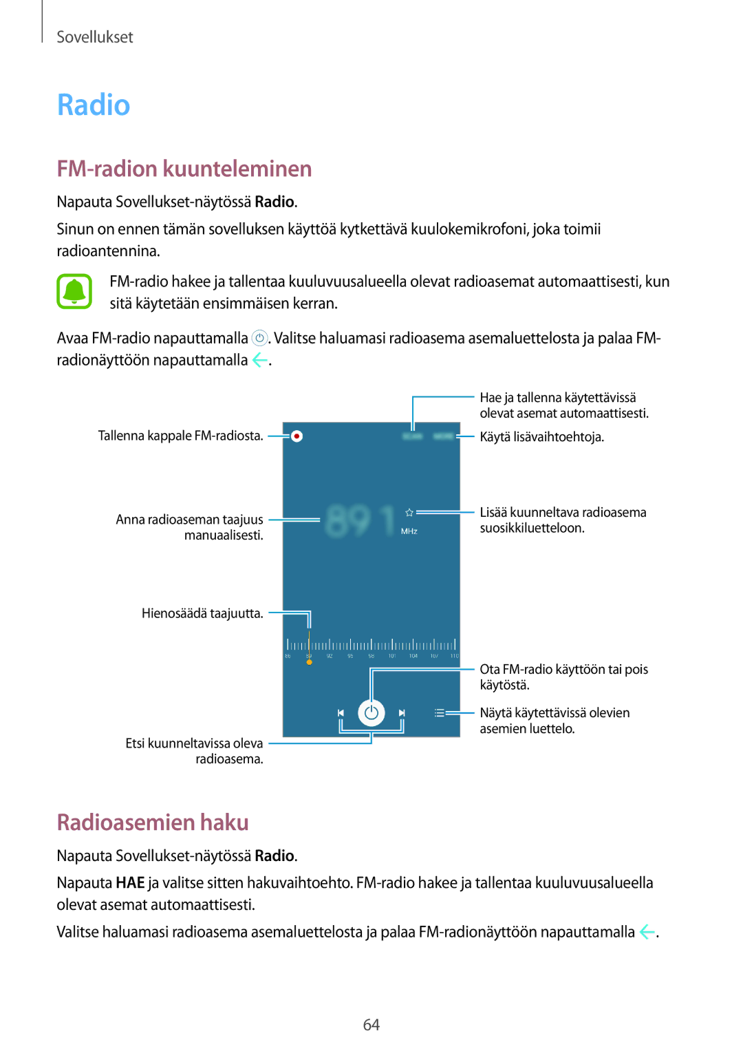 Samsung SM-J500FZKANEE, SM-J500FZDANEE, SM-J500FZWANEE manual FM-radion kuunteleminen, Radioasemien haku 