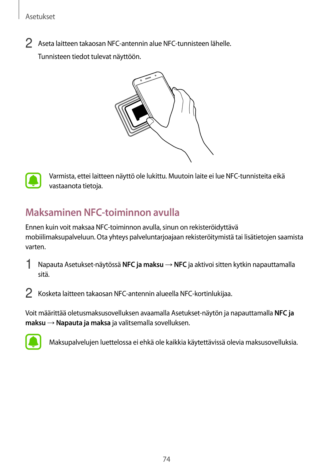 Samsung SM-J500FZWANEE, SM-J500FZDANEE, SM-J500FZKANEE manual Maksaminen NFC-toiminnon avulla 