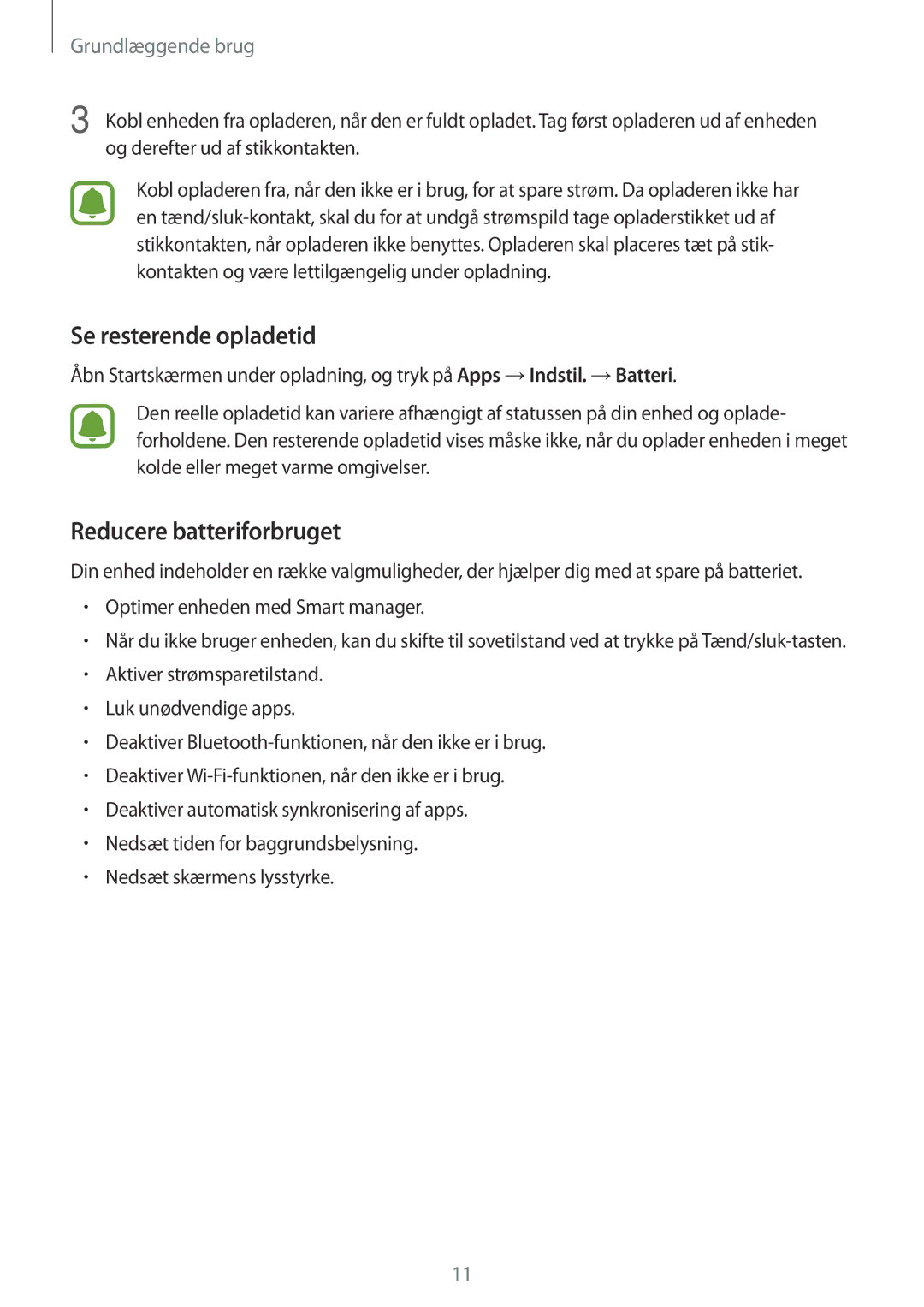 Samsung SM-J500FZWANEE, SM-J500FZDANEE, SM-J500FZKANEE manual Se resterende opladetid, Reducere batteriforbruget 