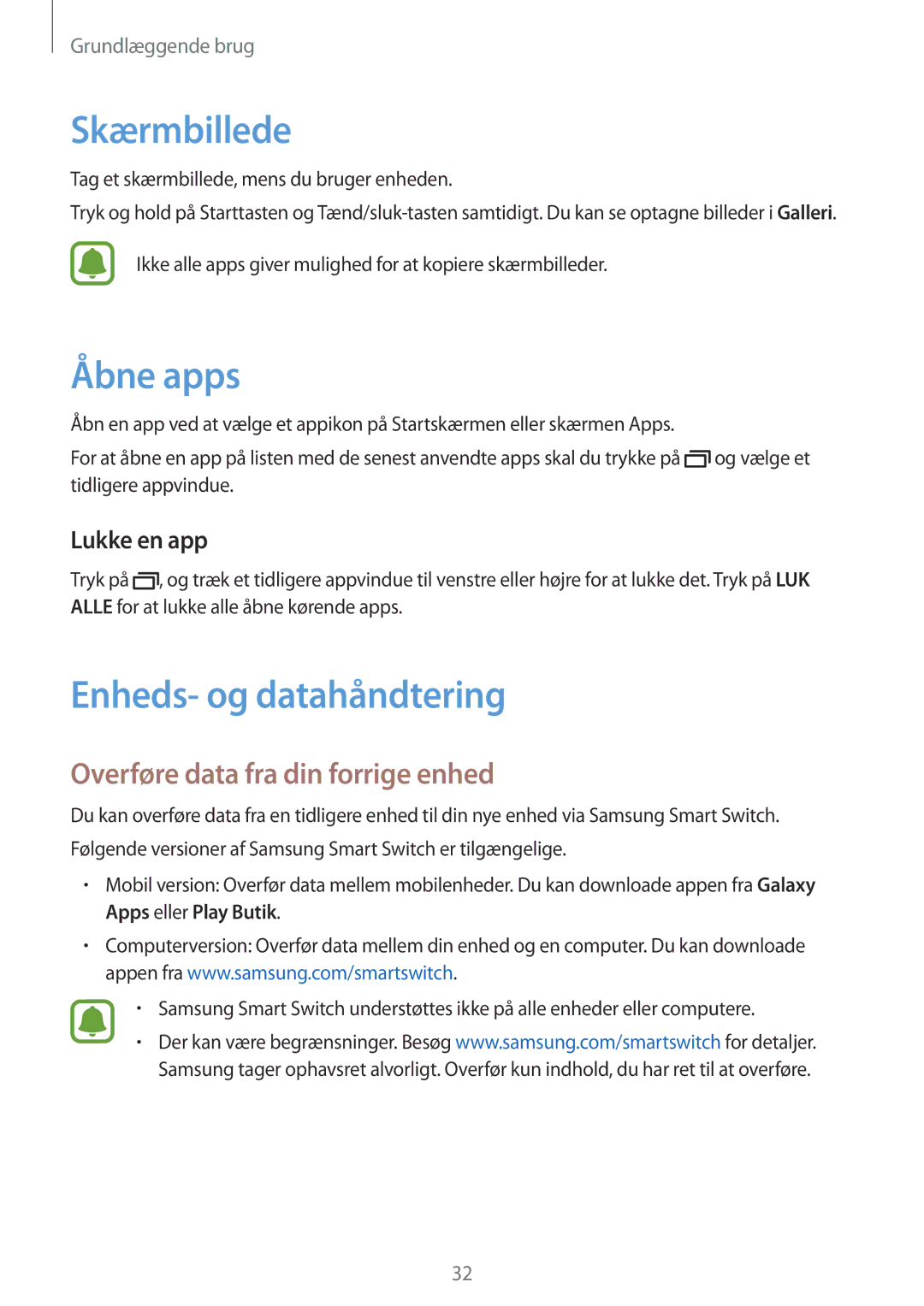 Samsung SM-J500FZWANEE manual Skærmbillede, Åbne apps, Enheds- og datahåndtering, Overføre data fra din forrige enhed 