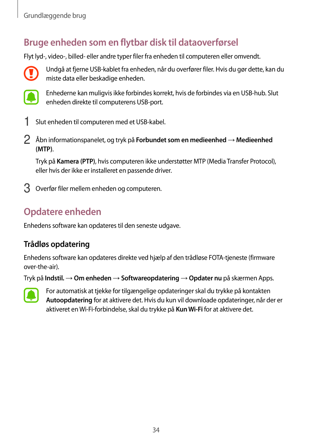 Samsung SM-J500FZKANEE manual Bruge enheden som en flytbar disk til dataoverførsel, Opdatere enheden, Trådløs opdatering 