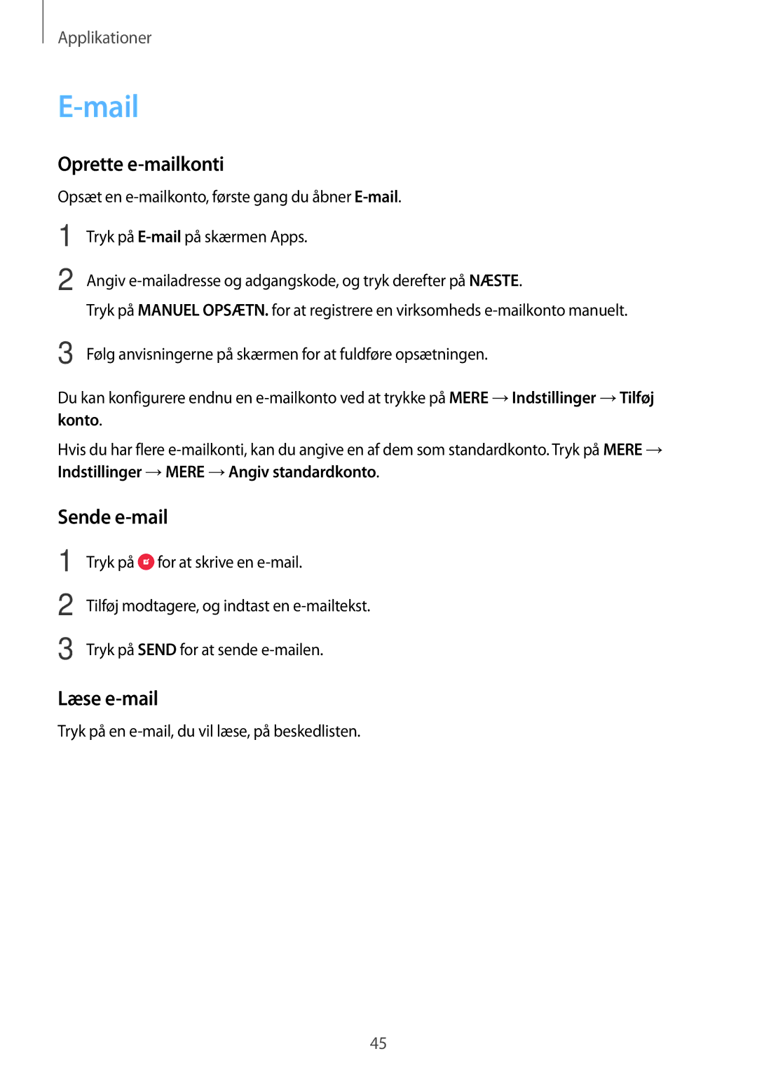 Samsung SM-J500FZDANEE, SM-J500FZKANEE, SM-J500FZWANEE manual Mail, Oprette e-mailkonti, Sende e-mail, Læse e-mail 