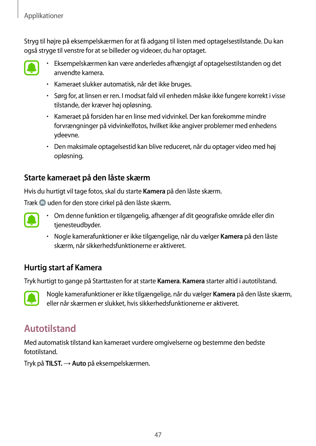 Samsung SM-J500FZWANEE, SM-J500FZDANEE manual Autotilstand, Starte kameraet på den låste skærm, Hurtig start af Kamera 