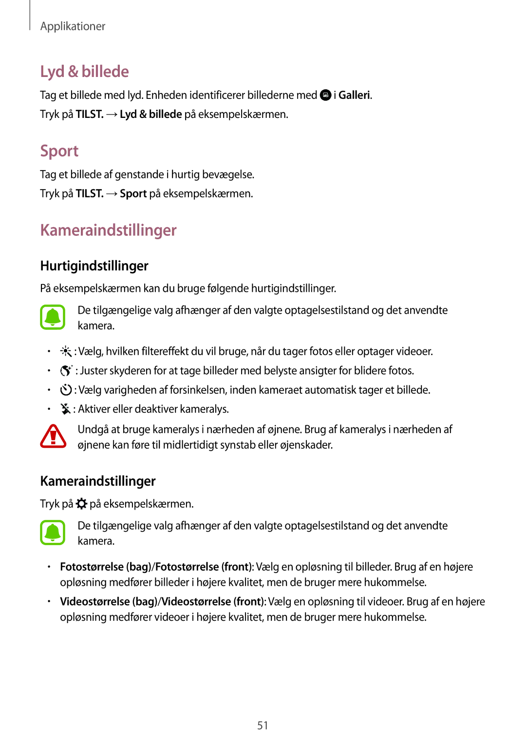 Samsung SM-J500FZDANEE, SM-J500FZKANEE, SM-J500FZWANEE manual Lyd & billede, Sport, Kameraindstillinger, Hurtigindstillinger 